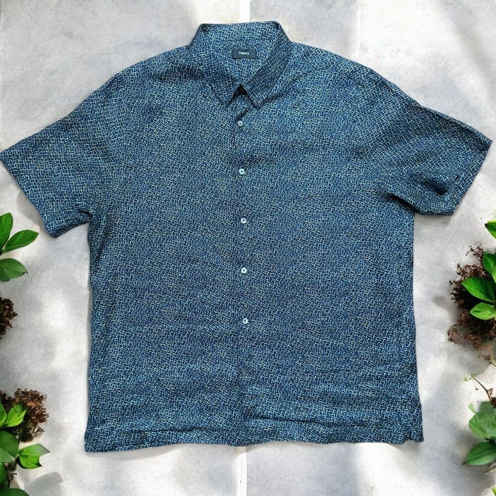 Theory Basic Fit Big & Tall Linen Blue Yellow Geometric Button Front Shirt XXL